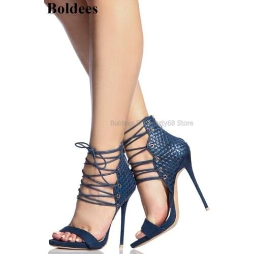 Fashion Snakeskin Printed Solid Color Sexy Thin High Heel Sandals Woman Lace Up Cross Tie Ankle Boots Summer Dress Shoes