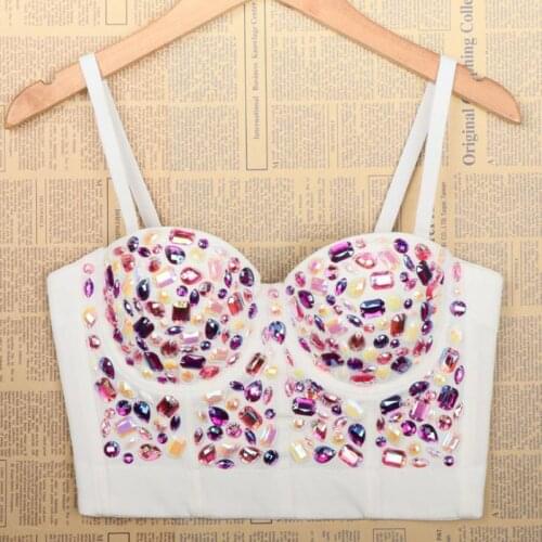 High Quality Handmade Rainbow Crystal Bustier Rhinestone Diamond Push Up Camisole Costume Stage Night Club Bra Cropped Tops