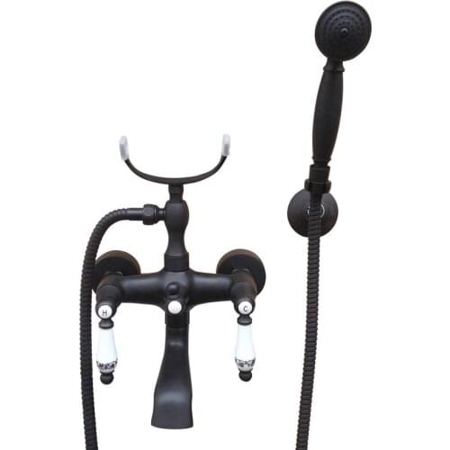 Black Oil Rubbed Brass Double Ceramic Handles Wall Mounted Claw Foot Bathroom Tub Faucet Mixer Tap With Handshower mtf604
