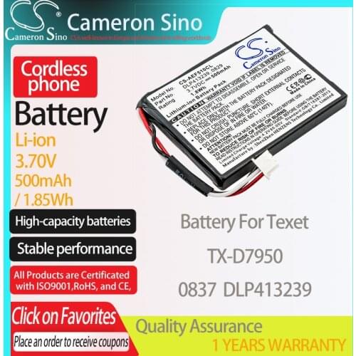CameronSino Battery for Texet TX-D7950 fits AEG 0829 DLP413239 Cordless phone Battery 500mAh/1.85Wh 3.70V Li-ion Black