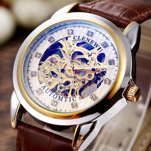CLENEW Fashion personality hollow mechanical watch diamond scale magic blue mens mechanical watch waterproof leather watches
