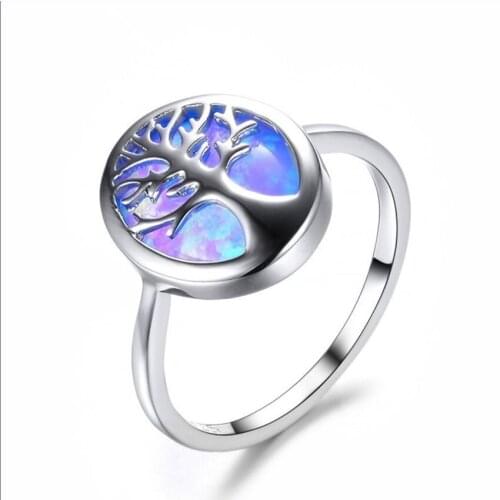 FYJS Unique Silver Plated Oval Shape 2 Colors Opalite Opal Finger Ring Tree of Life Fashion Jewelry