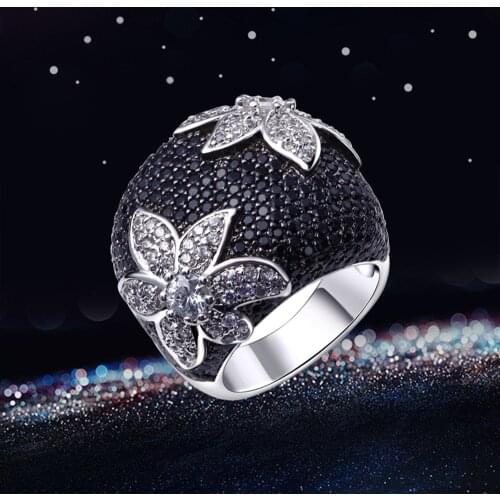 Black flower ring setting full black CZ birthday party jewelry White gold/Gold color Large Jet and white Sparkly Zirconia Ring