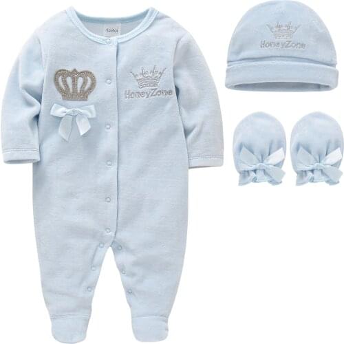 Newborn Baby Boys Girl Rompers Hat Gloves Long Sleeve Pure Color Crown Velvet Infant Jumpsuit Overalls Toddler Onesies Outfit