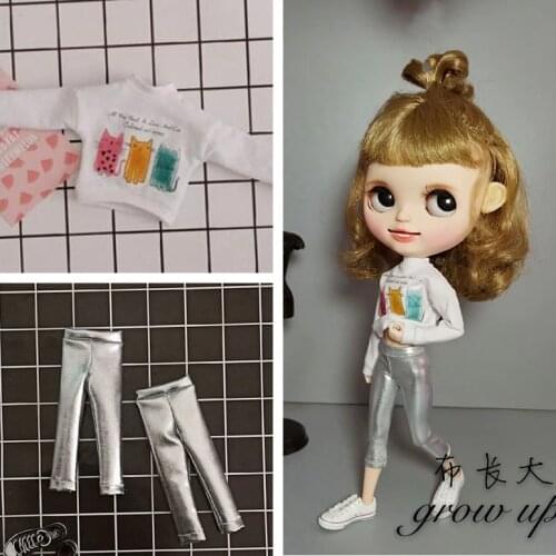 Fashion Dolls Blyth Clothing Long T-shirt and Leather Pant for blyth, OB24, Azone 1/6 Doll accessories for dolls