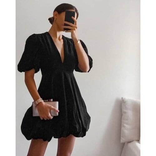 Ardm Fashion Deep V Puff Sleeve Black Woman Dress Palace Wind Vintage Mini Dress Spring 2021 Elegant Party Dress