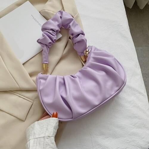 Fashion Women Pure Color PU Leather Shoulder Underarm Bags Casual Ladies Small Pleated Top-handle Hobos Handbags