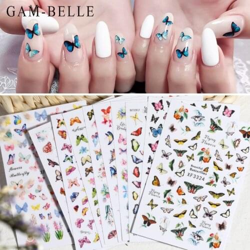 GAM-BELLE Nail Butterfly Stickers Watercolor Decals Colorful Flowers Adhesive Sliders Wraps Manicure Summer Nail Art Decorations