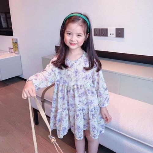 2021 Spring and Summer New Girls Purple Chain Link Flower Dress Baby Girl Long-sleeved Umbrella A-line Dress Vestido Infantil