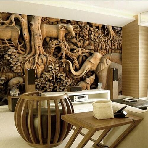 Large Wood carving Elephant Wallpaper 8D Papel Mural for Living Room Background 3d Wall Photo Murals Wall paper 3d Sticker
