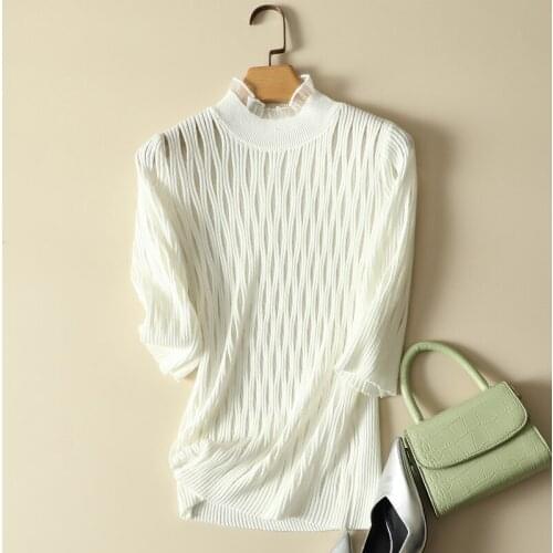 Solid Knitted Women T-Shirts Summer New Turtleneck Half Sleeved Ealstic Slim Office Lady Pulls Outwear Tops Tees