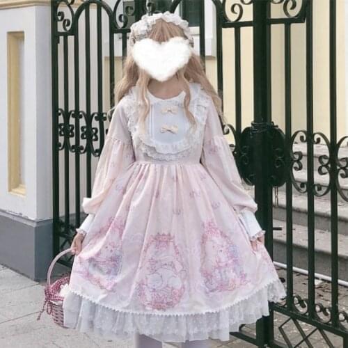 OP Japanese Lolita Lady Cat Long Sleeve Soft Girl Doll Round Neck Cute Pattern Afternoon Tea Dress Pink White Blue Purple DT2279