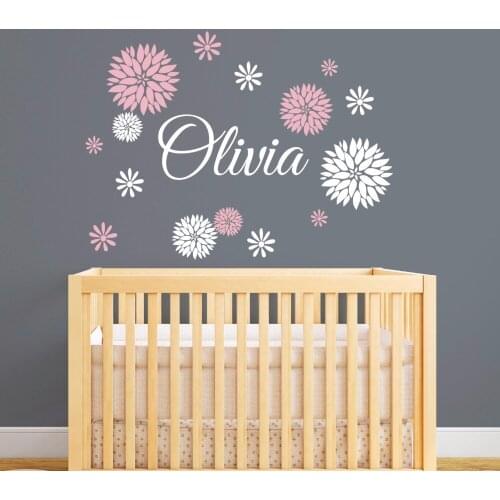 Personalized Name Wall Decal With Dahlia Flowers, Custom Girls Name Wall Decal, Flowers Decal Baby Nursery Wall Decor Vinyl A564