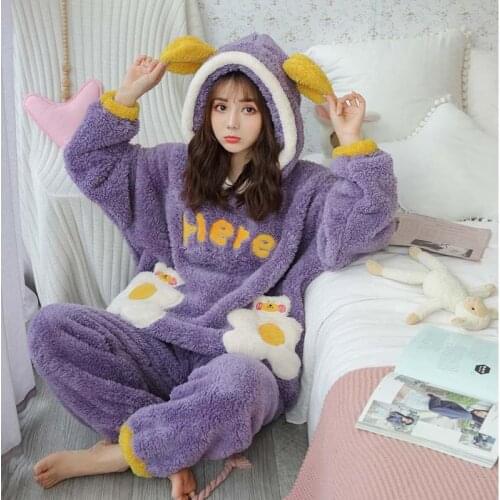 JULYS SONG Animal Bear Pajamas Set Cute 2 Pieces Flannel Sleepwear Warm Winter Thick Coral Fleece Hooded Cartoon Girl Homewear