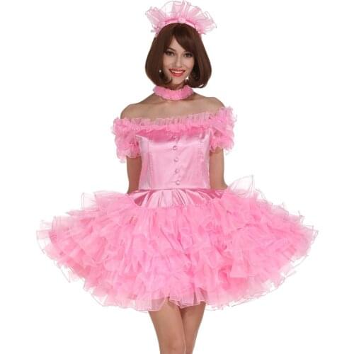 Sissy Girl Off Shoulder Puffy Pink Dress Crossdressing Cosplay Costume