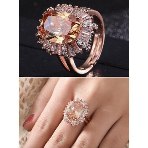 Luxury Champagne Crystal Zircon Diamonds Gemstones Womens Rings Bague Rose Gold Color Jewelry Party Accessories Trendy Gifts