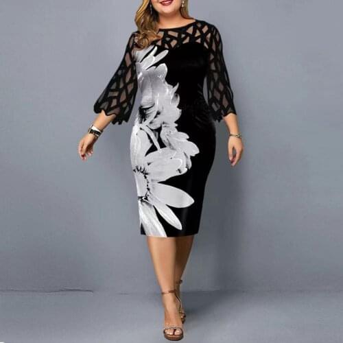 Sexy Women Dress Elegant O-Neck Digital Floral Print 3/4 Mesh Sleeve Midi Dress for Women Bodycon Party Dress Vestidos de mujer