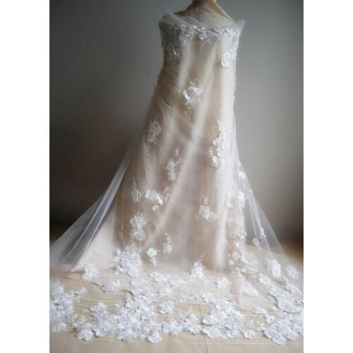 Ivory 3D flowers sequins and beads lace fabric, 3D beaded mesh embroidered lace fabric with 3D florals