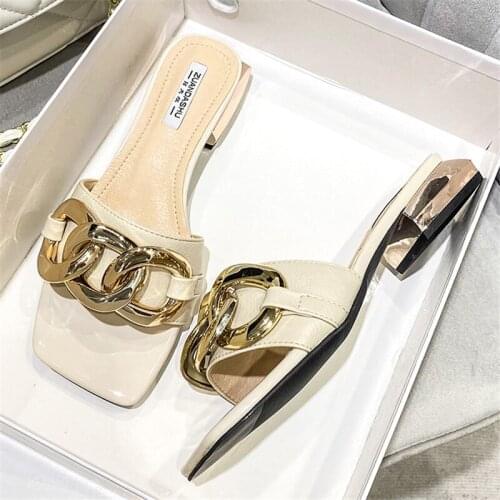 Fashion Womens Shoes Metal Chain Slippers Women Sandals 2.5cm Heel Shoe Female High Quality Slides Mules Party Wedding Footwear