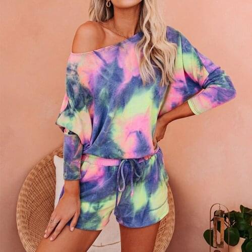 BoozRey Y2k Womens Sweatshirt Set Long Sleeve Top 2021 New Pajamas Tie-dye Drawstring Home Service Long-sleeved Shorts Suit