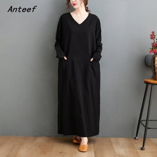 Long sleeve cotton linen vintage for women casual loose spring autumn dress elegant clothes 2021 ladies dresses