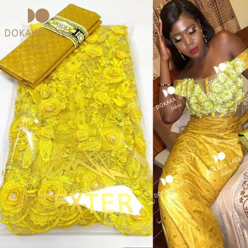 3D Flower African Lace Fabric 2021 Top Quality Lace 2.5+2.5 Yards Collocation Tulle Lace And Bazin Riche Gextczer For Dresses