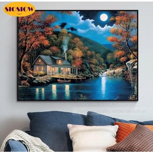 5d Diy Diamond Mosaic Embroidery Landscape Picture Of Rhinestone Country House Dimond Painting Night Scenery Full Set Decor Room