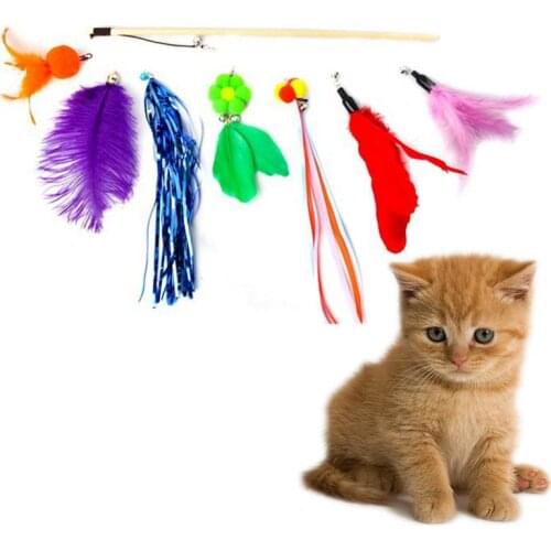 7Pcs/set Pet Cat Toy Teaser Bell Feather Stretch Fishing Rod Play Wand Interactive Toys Pets Accessories Replacement Heads Set