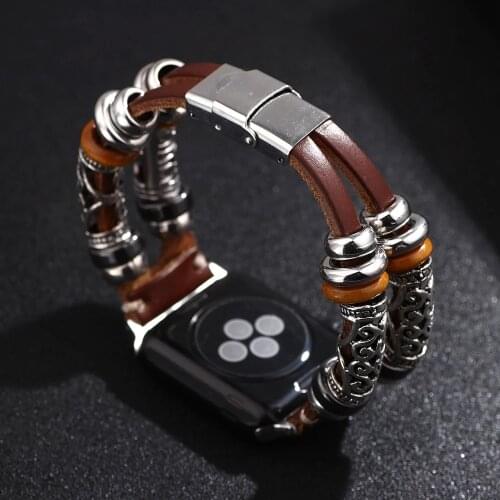 Handmade Beads Real Leather Bracelet For Apple Watch band luxury 38mm 40mm 42mm 44mm Cowhide Apple iWatch Series 3 4 5 6 SE Band