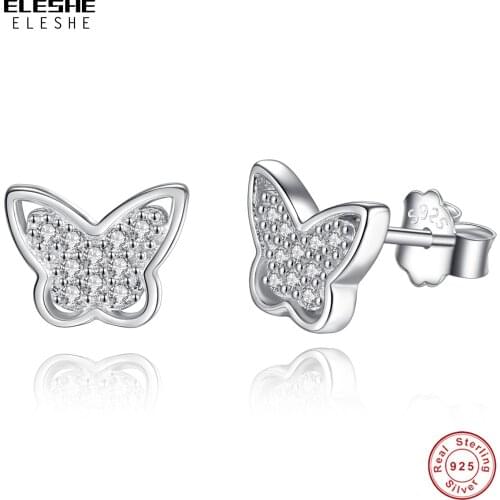 ELESHE Real 925 Sterling Silver With Sparkling Crystal CZ Earrings Butterfly Animal Lovely Stud Earrings For Women Party Jewelry