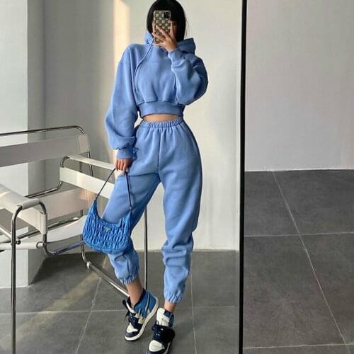 Europe Cotton Hooded Short Pocket Plush Thick Sweatshirt + High Waist Loose Legged Pant Trousers Two Pieces Set GQUI