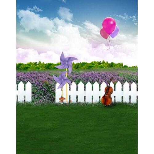 Lawn Grass Purple Flowers Windmill Balloon Photography Backdrops Photo Props Studio Background 5x7ft