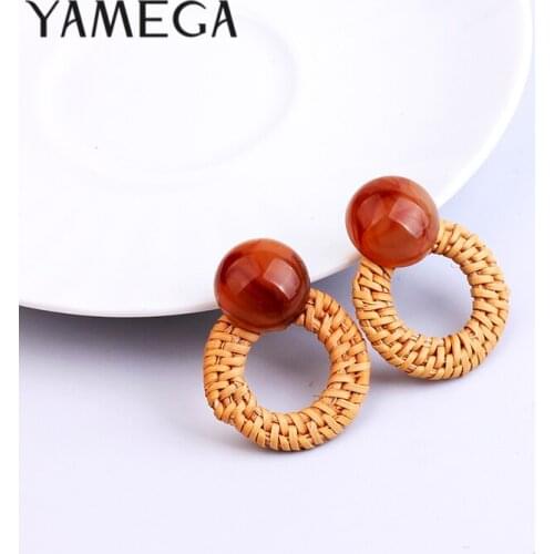 YAMEGA Handmade Korean Rattan Earrings Unique Wood Small Hoop Earrings Statement Acrylic Earring Studs Fashion Jewelry For Women