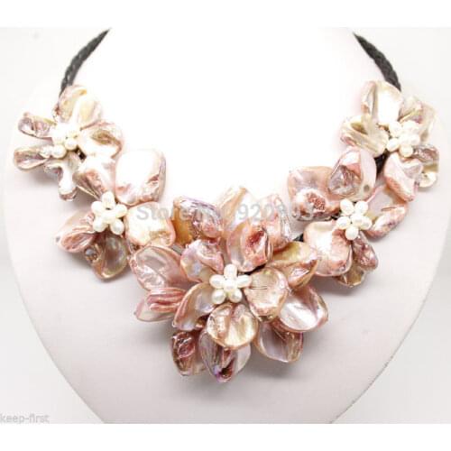 Hot& Wholesale Free P&P**new pink-Color of pearl shell flower necklace 18"long f -o1