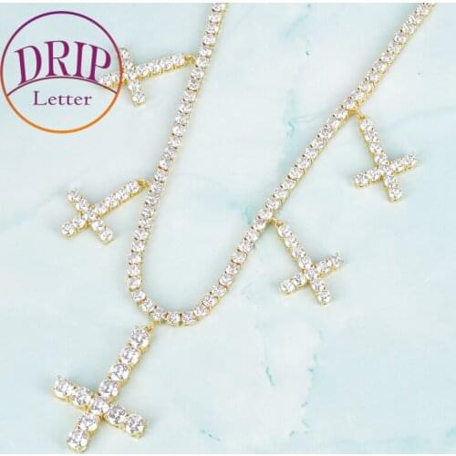 4mm Tennis Necklace Chain With Zircon Cross Pendant Mens Hip Hop Gold Color Jewelry