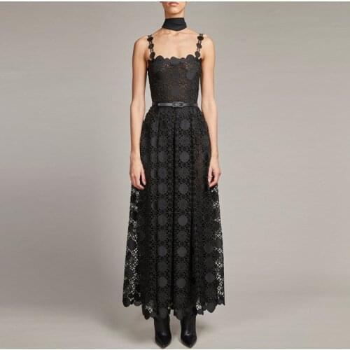 Sexy Black Spaghetti Strap Hollow Out Lace Long Party Dresses for Women 2021 Runway Elegant Pleated Maxi Dress Vestido