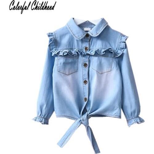 Casual Denim ruffles Blouse Coat Tops Kids Leisure Long-Sleeve Shirt cotton Jackets Children Clothing 2-8Yrs