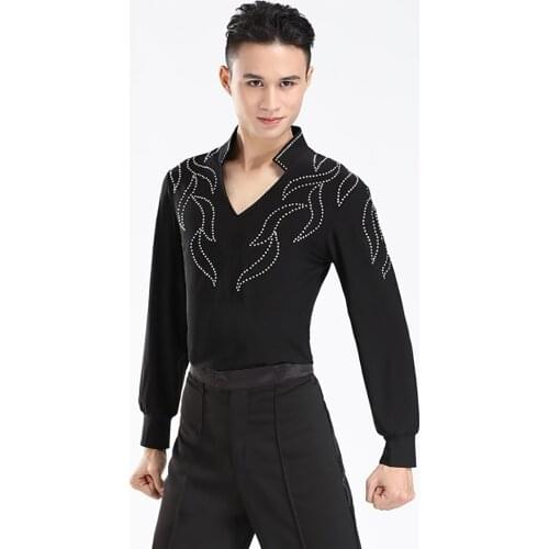New Men Black Latin Dance Shirts For Male Long Sleeve M-XXXL Crystal Cotton Shirt Cha cha Rumba Adult Men Ballroom Tops DQ7046