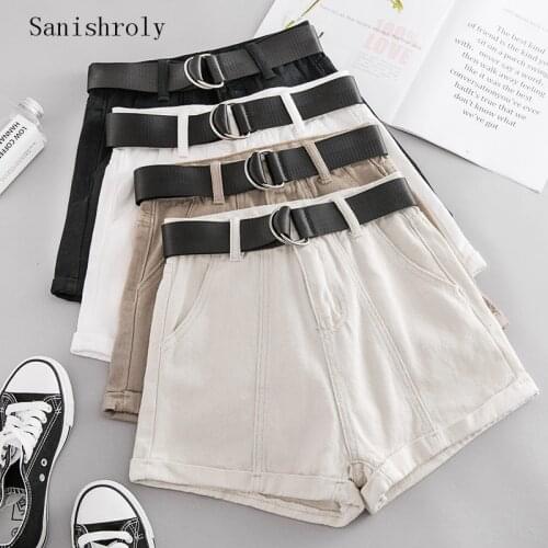 Sanishroly 2021 Summer Women High Waist Wide Legged Shorts All Match Sashes Jeans Shorts Ladies A-Line Casual Denim Shorts CD116