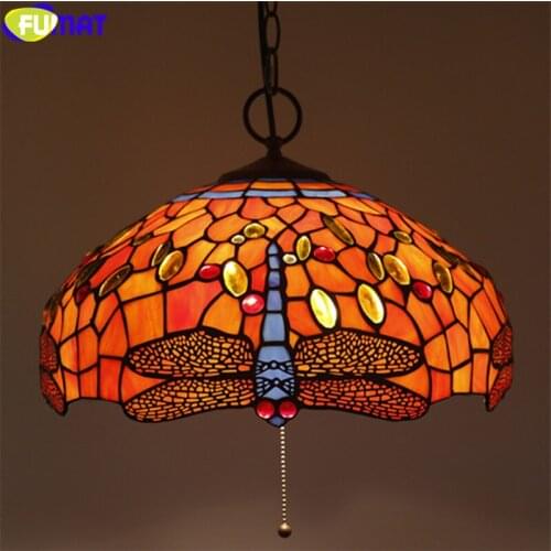 FUMAT 16" Tiffany Yellow Red Orchid Dragonfly Stained Glass Pendant Lamp Red Rose Gemstone Handicraft Arts Hanging Light Fixture