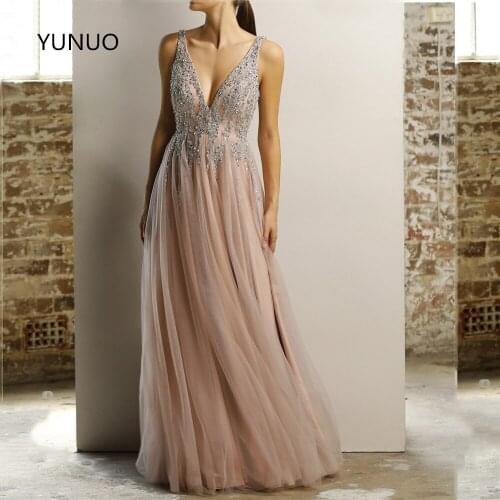 YUNUO V Neck Back Long Prom Dresses Robe De Soiree 2021 Sexy Crystal Beading A-line Tulle Formal Evening Dress Party Gowns