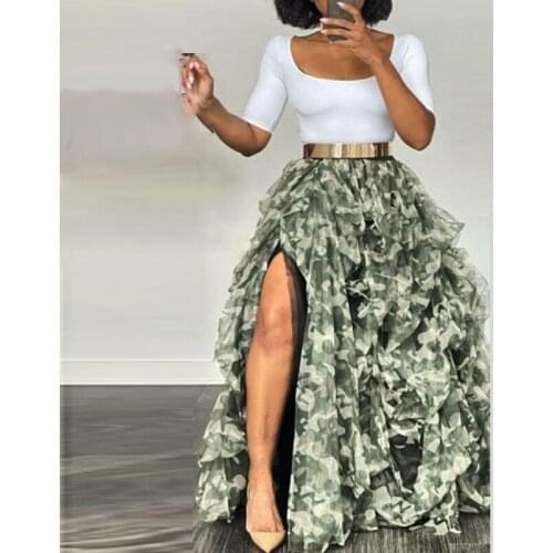 Chic Camo Green Skirt Split Long faldas jupe femme Tutu Skirts Women Ever Pretty Skirt Puffy Party Skirt Maxi