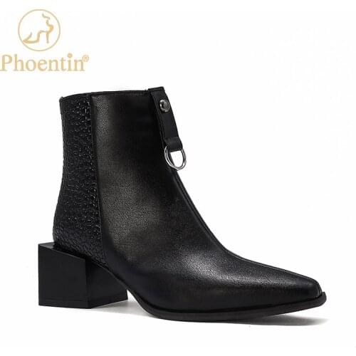 Phoentin womens autumn shoes 2020 square med heels women shoes large size short boots back zip closure black patchwork FT1028