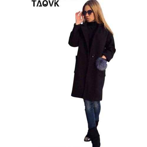 TAOVK Women long overcoat long sleeve lapel coat with a fur balls Pockets coats