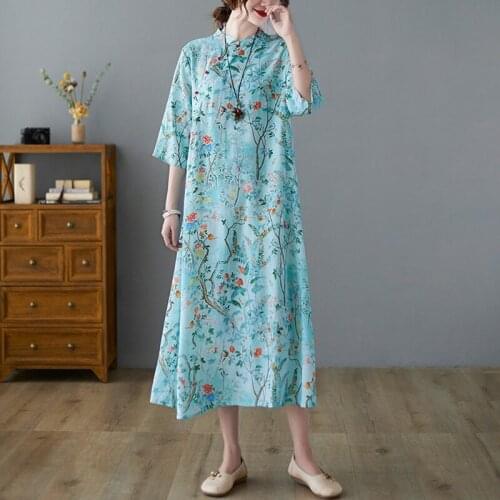 Women Cotton Linen Casual Dress New 2021 Summer Chinese Style Vintage Floral Print Loose Ladies Elegant Long Dresses B375