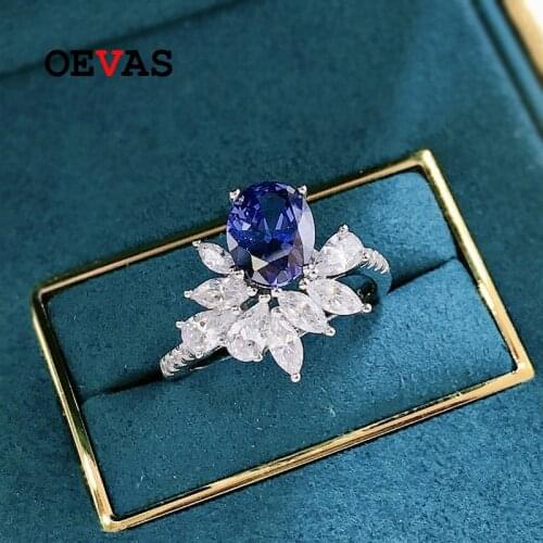 OEVAS 100% 925 Sterling Silver 7*9mm Oval Synthetic Sapphire Ice Flower Cut Rings For Women Sparkling Wedding Fine Jewelry Gift