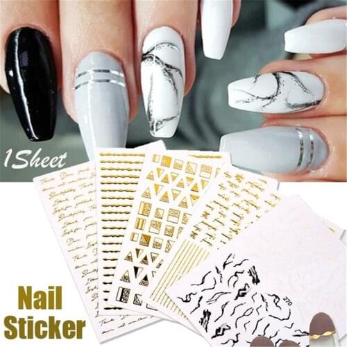 1Sheet Mixed Patterns Nail Transfer Sticker Gold Silver 3D Nail Sticker Curve Stripe Lines Nails Stickers Adhesive Striping Tape