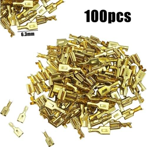 100pcs/set Brass 6.3mm Non-insulated Electric Female Spade Quick Splice Crimp Terminal Crimp Connector for 1mm2 to 1.5mm2 Cable