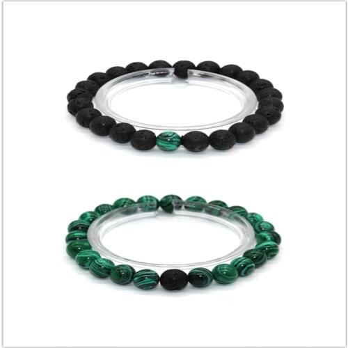 100-Unique 2 Pcs Malachite Stone and Black Lava 8 mm Round Beads Bracelet for Couple Gift