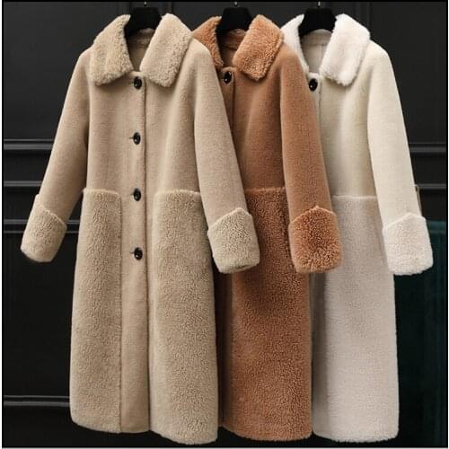 Free shipping 2020 Winter Women Coat Loose A-Line Pocket Sheep Shearing Warm Fur Coats Long Jacket Overcoat 30% Wool Fur Coat